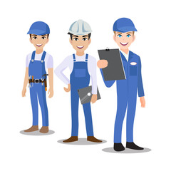 Engineer , technician, builders and mechanics people teamwork cartoon character or flat icon style. Vector illustration
