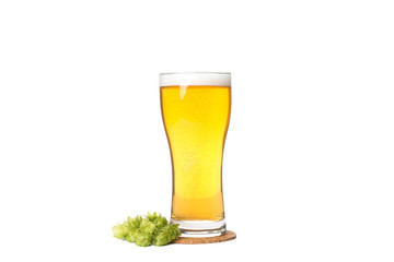 Glass of beer and hop cones isolated on white background