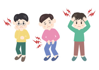 Fototapeta premium 男性の痛みのイラスト: 頭痛・腹痛・歯痛 