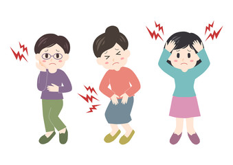 Fototapeta premium 女性の痛みのイラスト: 頭痛・腹痛・歯痛