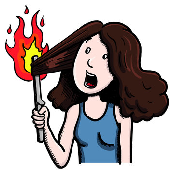 Comic Drawing Of A Woman, With Straightener In Hand, Which Got Caught In The Hair And Started To Burn. Emotion, Fear, Scared, Fire, Technology.