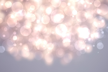 Abstract festive light pink gradient gray silver bokeh background texture with colorful circles and bokeh lights. Beautiful backdrop with space.