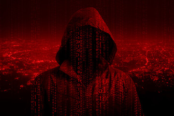 front of hacker man with dark face isolated on white background