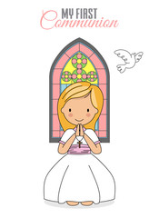 Invitation my first communion. Girl praying with church window behind