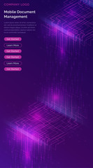Big data waterfall or cascade, digital binary code data flow analysis visualization, isometric vector illustration. Ultraviolet vertical banner with streams of numbers, landing page template.
