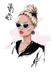 Hand drawn beautiful young blonde hair woman in sunglasses. Stylish girl with bun hairstyle. Fashion woman look. Sketch. Vector illustration. - obrazy, fototapety, plakaty