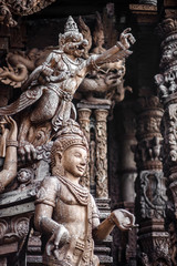 god goddess wood sculpture statue, exterior architecture, Sanctuary of Truth, Thailand