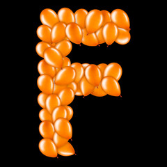 Orange letter F from helium balloons part of English alphabet.