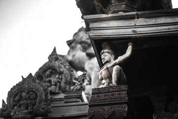 god goddess wood sculpture statue, exterior architecture, Sanctuary of Truth, Thailand