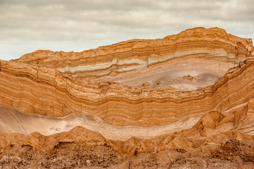 Sand formations, mountains, rocks at Valle de la Luna Moon Valley, San Pedro de Atacama Chile. Wide view of stunning sun rise on sand formation in world famous Atacama desert Chile. Salt formations