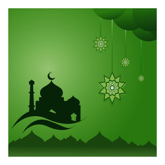 Mosque and lantern background with cgreen clouds