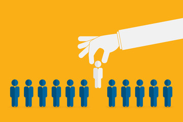 Human resources concept. Hand picking up a candidate, Vector business  - obrazy, fototapety, plakaty