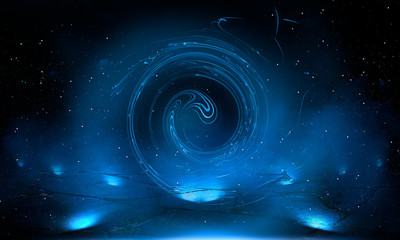 Empty dark street, reflection of neon light in the puddles of the night city. Neon circle in the center, magical glow, light, rays, smoke.