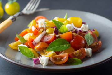 Colorful cherry tomatoes and basil salad on a plate, dark background. Healthy, summer food.