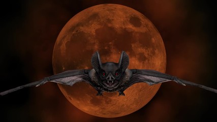 Vampire bat flying and attacking in the background of a blood red moon. Halloween concept.