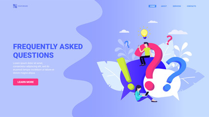 Frequently asked questions. Flat vector illustration for website, landing page, flyer, banner, hero image, app design with characters. Faq and qa  concept. List of answers for user questions.