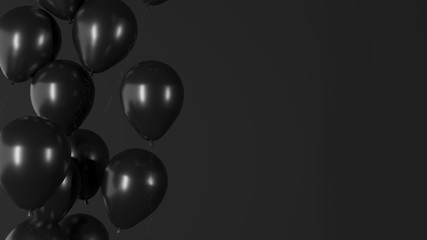 Air balloons on dark background. Horizontal banner with copy space for black friday, advertising of goods and shares. Festive illustration, greeting card for happy birthday, anniversary - 3D, render.