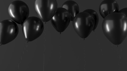 Air balloons on dark background. Horizontal banner with copy space for black friday, advertising of goods and shares. Festive illustration, greeting card for happy birthday, anniversary - 3D, render.