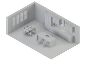Modern house interior. Orthogonal projection. View from above. 3D rendering.
