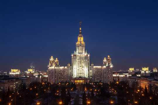 Top view of the building of Moscow state university named after M. V. Lomonosov at night. Moscow, Russia
