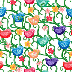 Seamless pattern with cute birds. Beautiful rainbow acrylic drawing. Abstract birds, flowers and plants on white background. Colorful original wallpaper for kids. For wrapping, fabric, package and etc