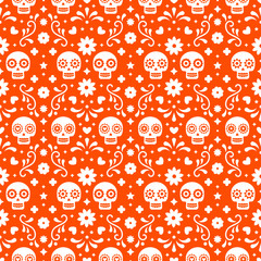 Day of the dead seamless pattern with skulls and flowers on red background. Traditional mexican Halloween design for Dia De Los Muertos holiday party. Ornament from Mexico. - 287816903