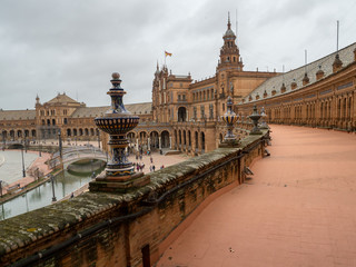 Fototapeta na wymiar The Plaza de Espana in Parque de María Luisa with many tourist, Seville, Spain. March 2018