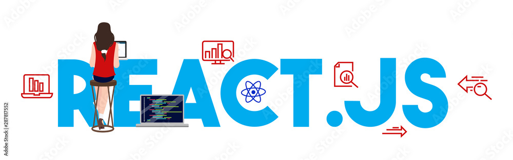 Poster React.js coding computer Language, Javascript, Internet components vector illustration.