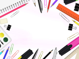Vector rectangular background with office and school stationery and notebook with silver spiral. EPS 10.