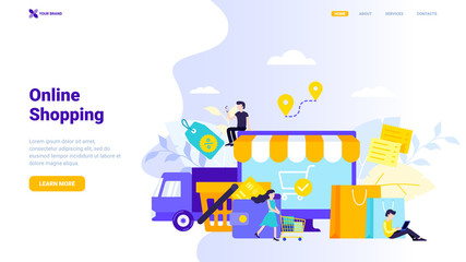 Naklejka premium Online shopping: landing page or web site concept. Trendy vector illustration with tiny characters, that can be used for web banner, infographics, hero images, header, landing page, website.