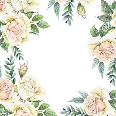 frame of white roses with buds and leaves, watercolor drawing on a white background