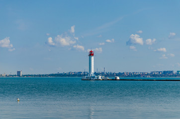 Naklejka premium Seascape with lighthouse on the Black Sea in Odesa during the summer season