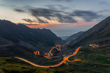 Traffic trails on Transfagarasan pass,crossing Carpathian mountains in Romania, Transfagarasan is...