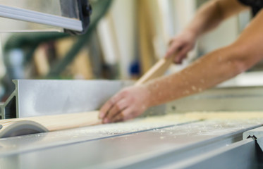 Tischlerin Tischler an Kreissäge Säge Holzwerkstatt Holzsägen in der Werkstatt