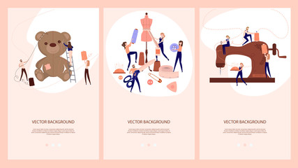 Set of Mobile App page with Fashion Design concept. Illustration with scenes Tailor Create Outfit and Apparel, Assistant Working with Mannequin. Editable vector illustration.