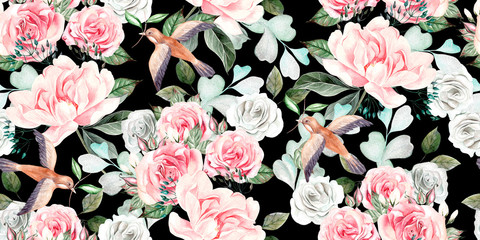 Beautiful watercolor seamless wedding pattern with eucaluptys, peony and rose.