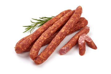 Dried pork sausages, isolated on white background