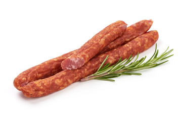 Smoked pork sausages, isolated on white background