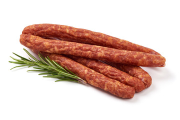 Dry smoked Sausages, isolated on white background