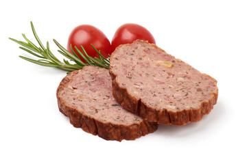Sliced German meatloaf, isolated on white background