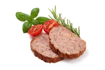 Sliced Baked meatloaf, minced meat roll, isolated on white background