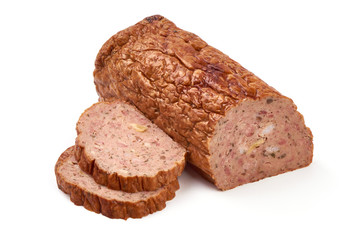 Baked meatloaf, minced meat roll, isolated on white background