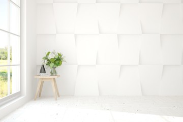 Empty room in white color. Scandinavian interior design. 3D illustration