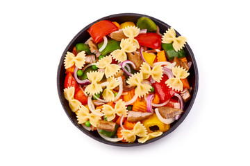 Cooked farfalle pasta and vegetables BBQ, isolated on white background