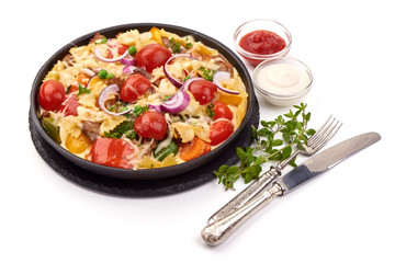Farfalle Pasta with Grilled Vegetables, isolated on white background