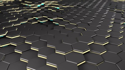 Fototapeta premium 3D rendering of a surface consisting of many hexagons. Background image with blurring depth of field, for screensavers on the desktop of your computer, phone or tablet. Abstraction geometry