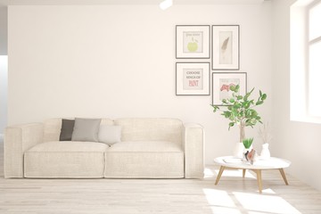 Stylish room in white color with sofa. Scandinavian interior design. 3D illustration