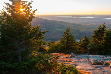 Autumn Sunrise in Acadia National Park in Maine, USA from top of Cadillac Mountain