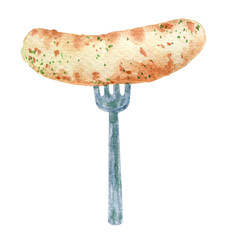 Oktoberfest food illustration. Hand drawn watercolor grilled Weisswurst sausage on a fork isolated on white background