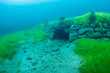 Sunken village in Lyngstøylvatnet, Norway